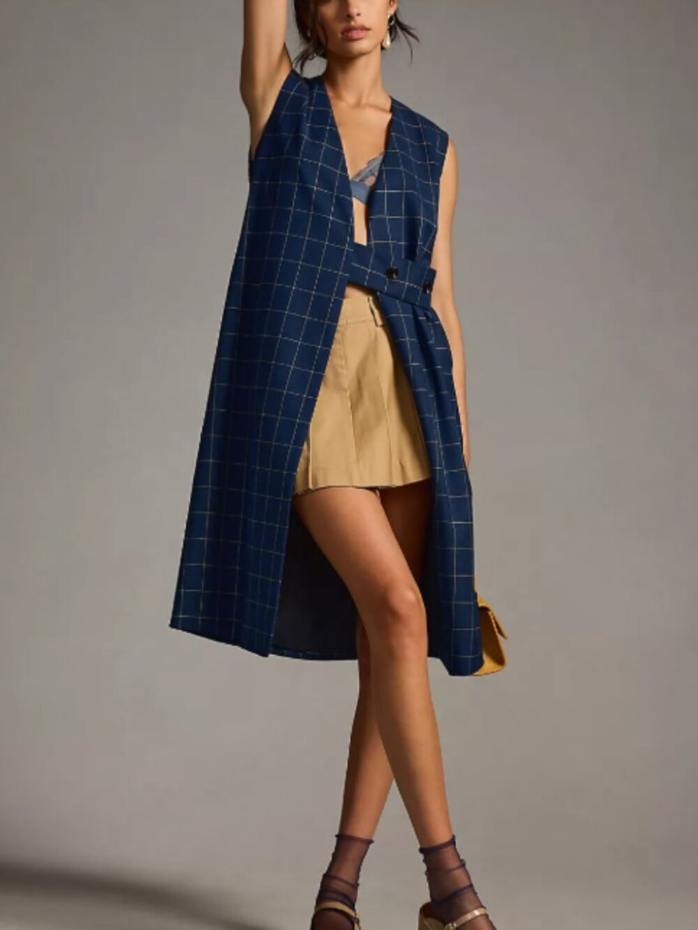 Anthropologie Longline Menswear Vest One Size Navy Windowpane Plaid